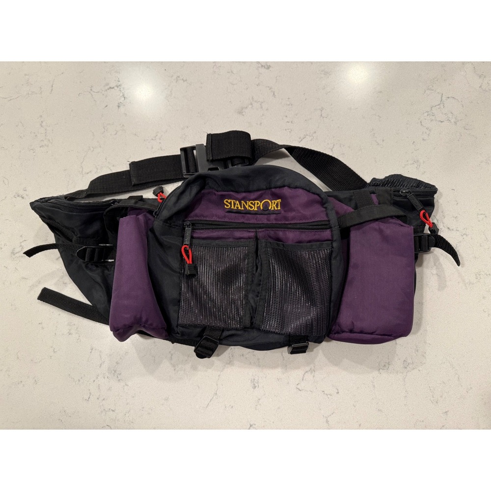 Vintage 90s Stansport Hiking Waist Pack Purple Black Bag w/ Water Bottle Holders